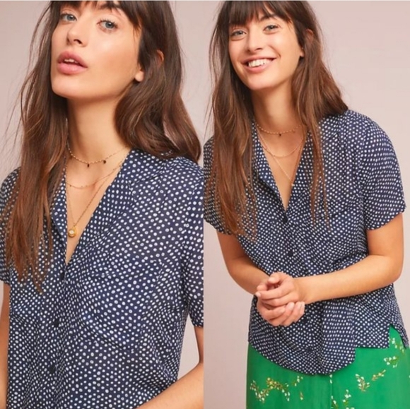 Anthropologie Tops - Anthropologie Cloth & Stone Dana Navy Polka Dot Classic Buttondown Blouse Small